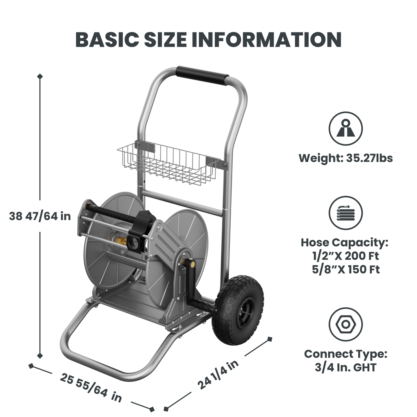 Garden Hose Reel Cart-2 Wheels-Stainless Steel-Heavy Duty
