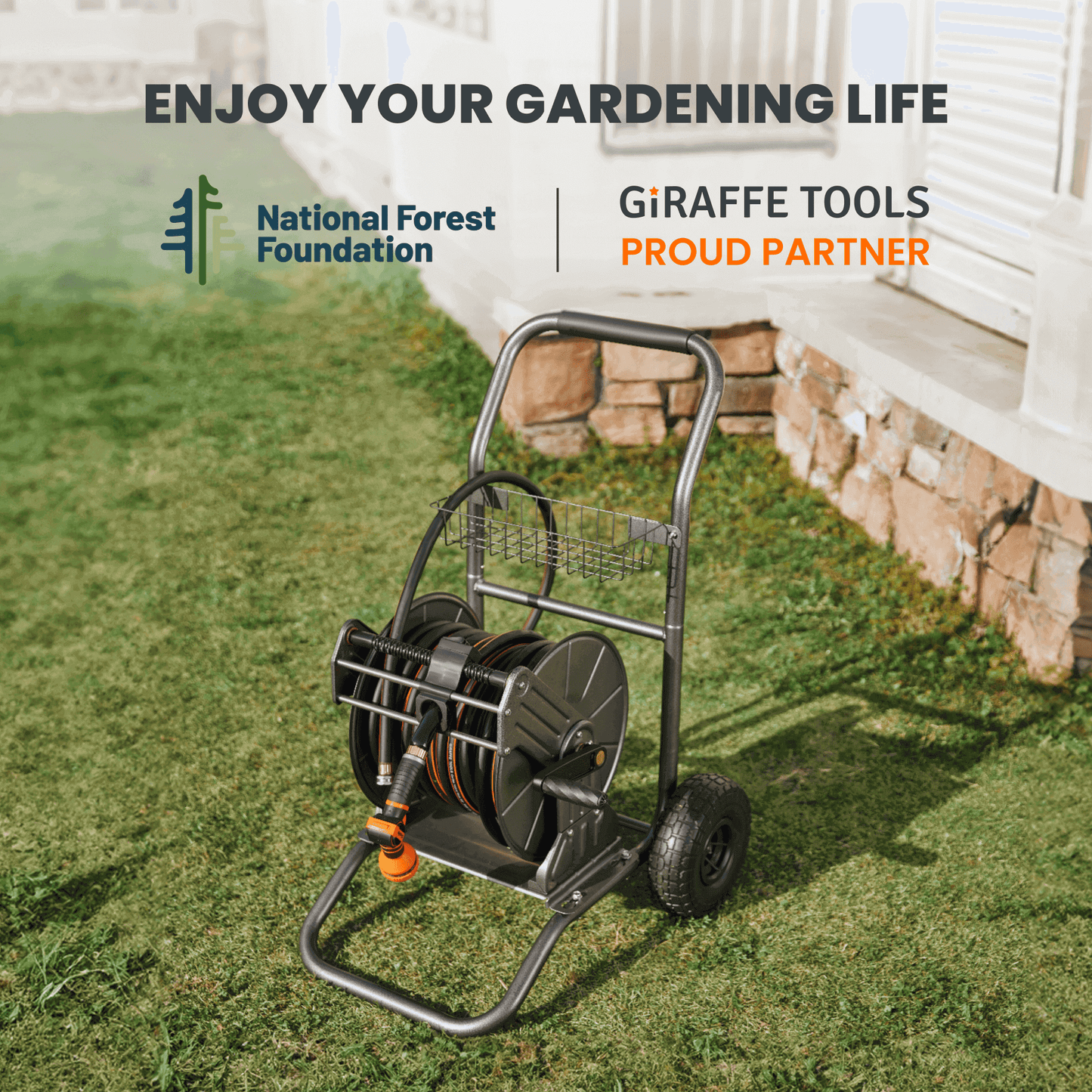 Garden Hose Reel Cart-2 Wheels-Stainless Steel-Heavy Duty