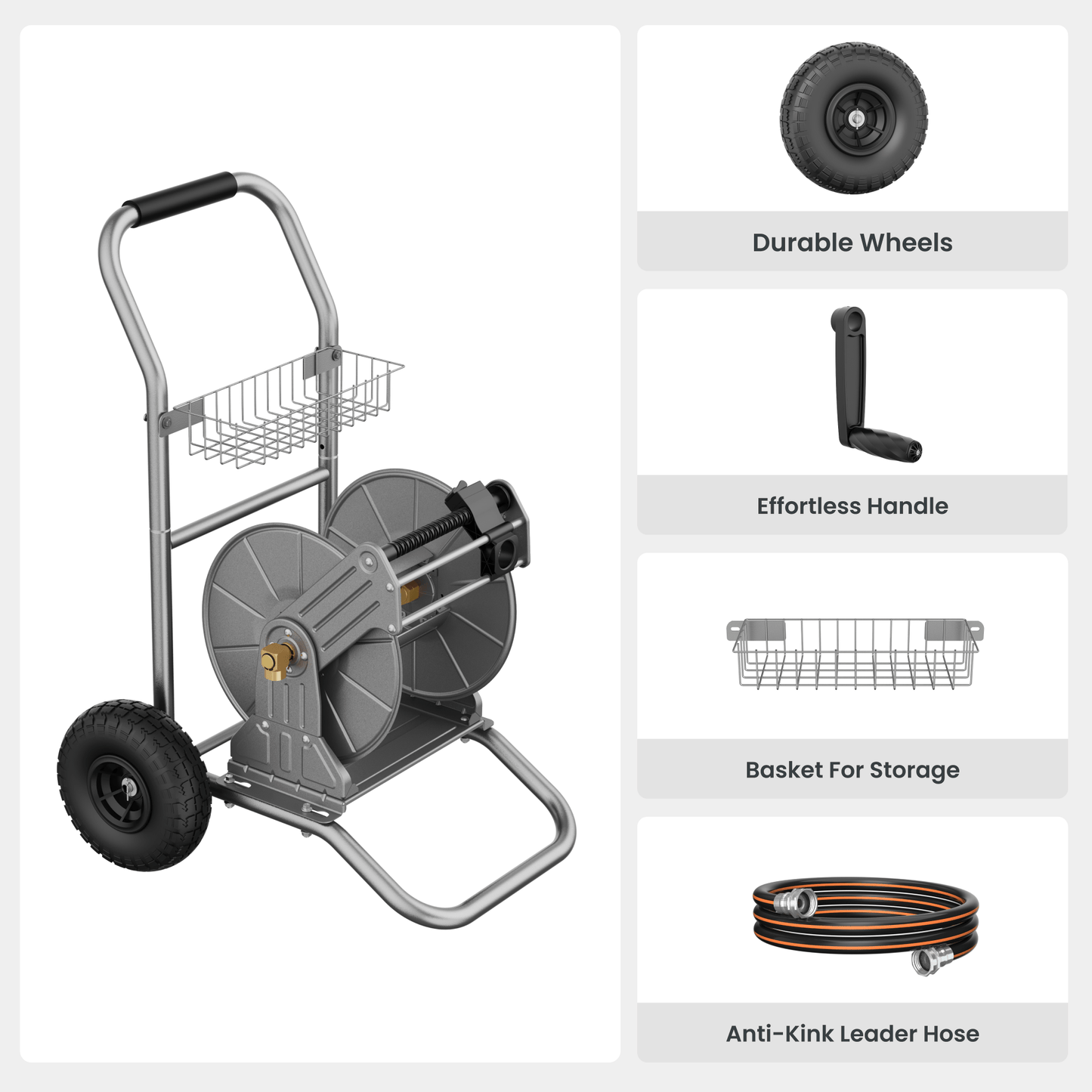 Garden Hose Reel Cart-2 Wheels-Stainless Steel-Heavy Duty